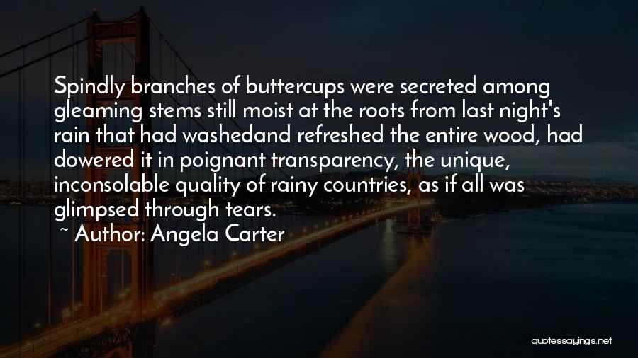 Angela Carter Quotes: Spindly Branches Of Buttercups Were Secreted Among Gleaming Stems Still Moist At The Roots From Last Night's Rain That Had