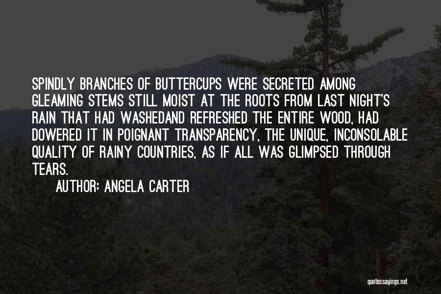 Angela Carter Quotes: Spindly Branches Of Buttercups Were Secreted Among Gleaming Stems Still Moist At The Roots From Last Night's Rain That Had