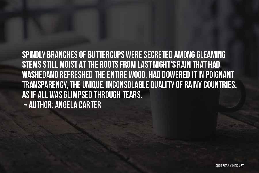Angela Carter Quotes: Spindly Branches Of Buttercups Were Secreted Among Gleaming Stems Still Moist At The Roots From Last Night's Rain That Had
