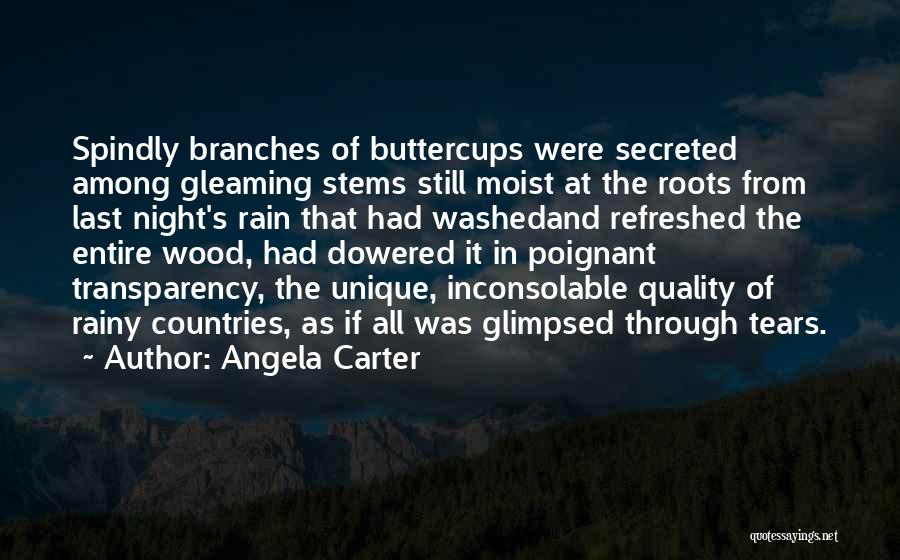 Angela Carter Quotes: Spindly Branches Of Buttercups Were Secreted Among Gleaming Stems Still Moist At The Roots From Last Night's Rain That Had