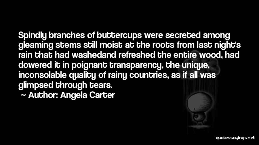 Angela Carter Quotes: Spindly Branches Of Buttercups Were Secreted Among Gleaming Stems Still Moist At The Roots From Last Night's Rain That Had