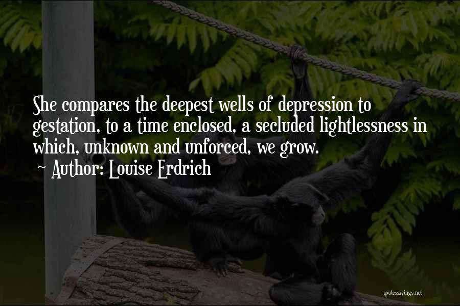 Louise Erdrich Quotes: She Compares The Deepest Wells Of Depression To Gestation, To A Time Enclosed, A Secluded Lightlessness In Which, Unknown And
