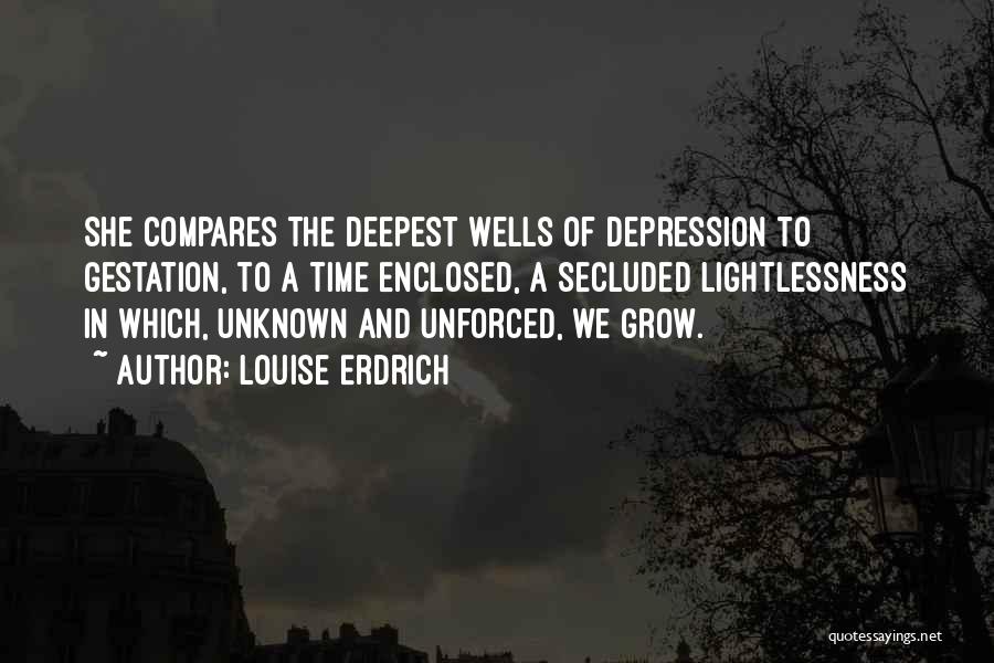 Louise Erdrich Quotes: She Compares The Deepest Wells Of Depression To Gestation, To A Time Enclosed, A Secluded Lightlessness In Which, Unknown And