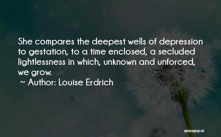 Louise Erdrich Quotes: She Compares The Deepest Wells Of Depression To Gestation, To A Time Enclosed, A Secluded Lightlessness In Which, Unknown And