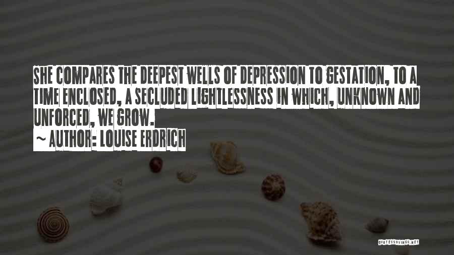 Louise Erdrich Quotes: She Compares The Deepest Wells Of Depression To Gestation, To A Time Enclosed, A Secluded Lightlessness In Which, Unknown And