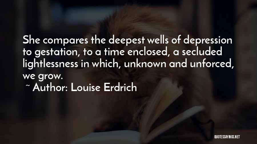 Louise Erdrich Quotes: She Compares The Deepest Wells Of Depression To Gestation, To A Time Enclosed, A Secluded Lightlessness In Which, Unknown And