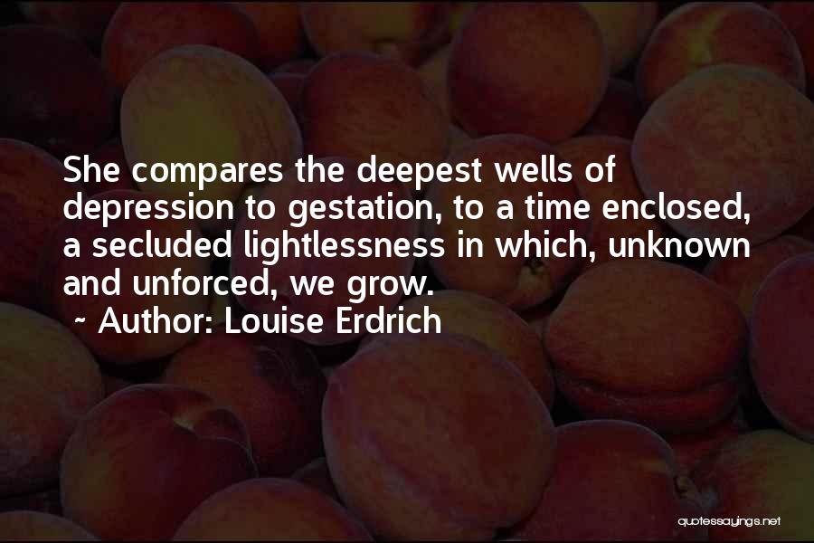 Louise Erdrich Quotes: She Compares The Deepest Wells Of Depression To Gestation, To A Time Enclosed, A Secluded Lightlessness In Which, Unknown And