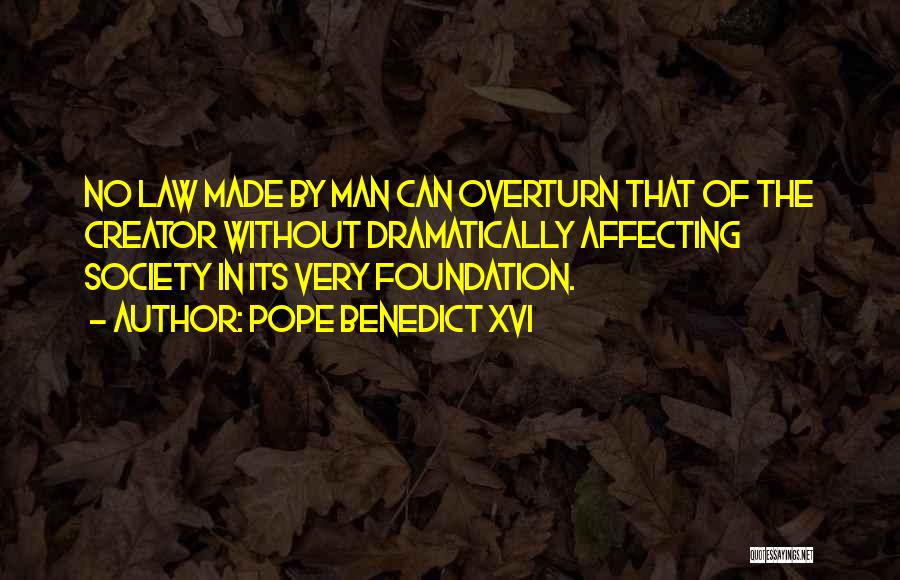 Pope Benedict XVI Quotes: No Law Made By Man Can Overturn That Of The Creator Without Dramatically Affecting Society In Its Very Foundation.