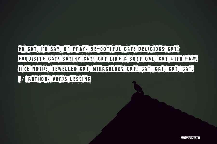 Doris Lessing Quotes: Oh Cat, I'd Say, Or Pray: Be-ootiful Cat! Delicious Cat! Exquisite Cat! Satiny Cat! Cat Like A Soft Owl, Cat