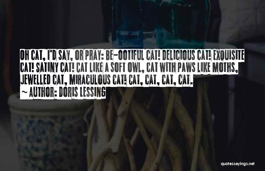 Doris Lessing Quotes: Oh Cat, I'd Say, Or Pray: Be-ootiful Cat! Delicious Cat! Exquisite Cat! Satiny Cat! Cat Like A Soft Owl, Cat