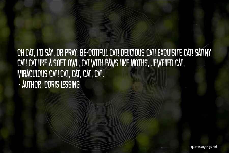 Doris Lessing Quotes: Oh Cat, I'd Say, Or Pray: Be-ootiful Cat! Delicious Cat! Exquisite Cat! Satiny Cat! Cat Like A Soft Owl, Cat