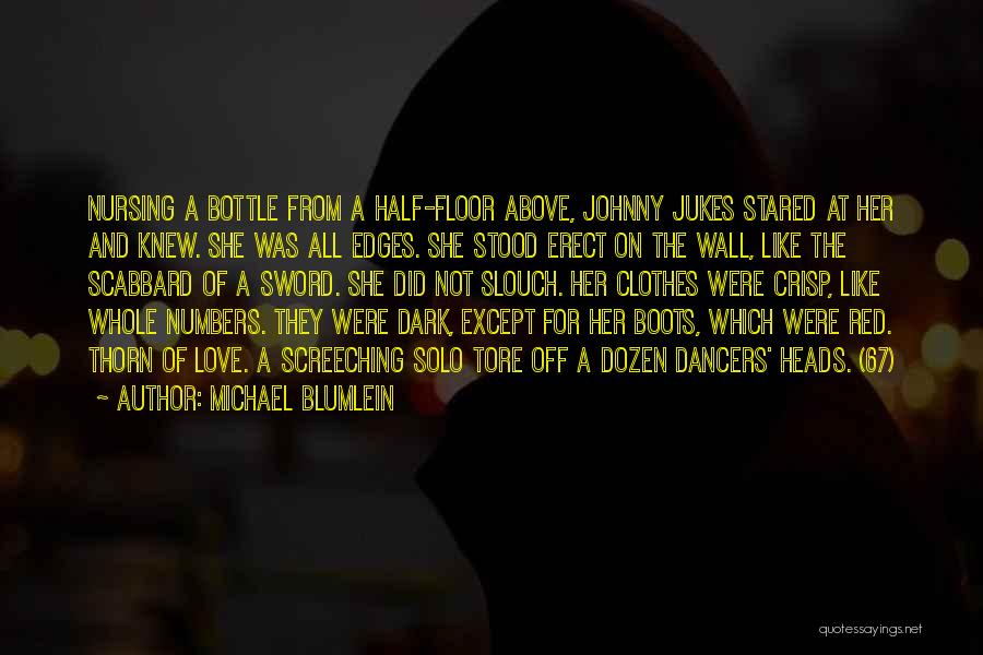 Michael Blumlein Quotes: Nursing A Bottle From A Half-floor Above, Johnny Jukes Stared At Her And Knew. She Was All Edges. She Stood