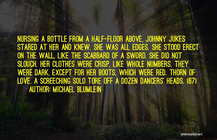 Michael Blumlein Quotes: Nursing A Bottle From A Half-floor Above, Johnny Jukes Stared At Her And Knew. She Was All Edges. She Stood