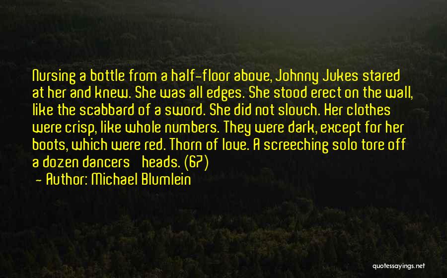 Michael Blumlein Quotes: Nursing A Bottle From A Half-floor Above, Johnny Jukes Stared At Her And Knew. She Was All Edges. She Stood