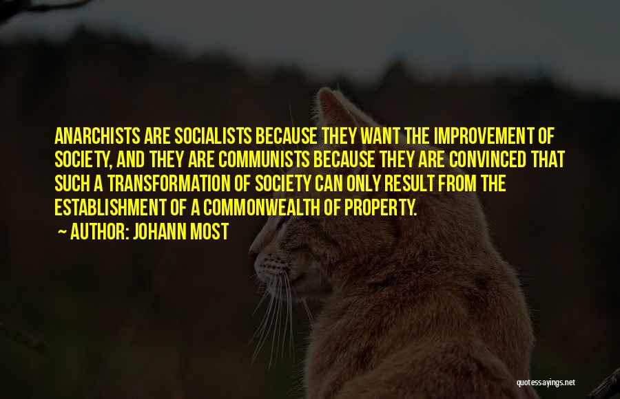 Johann Most Quotes: Anarchists Are Socialists Because They Want The Improvement Of Society, And They Are Communists Because They Are Convinced That Such