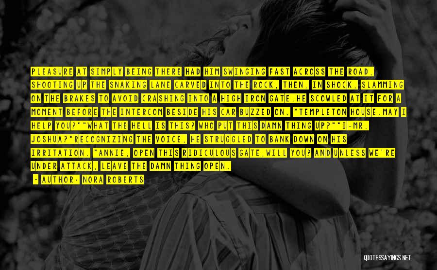 Nora Roberts Quotes: Pleasure At Simply Being There Had Him Swinging Fast Across The Road, Shooting Up The Snaking Lane Carved Into The