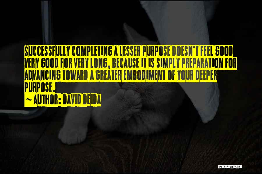 David Deida Quotes: Successfully Completing A Lesser Purpose Doesn't Feel Good Very Good For Very Long, Because It Is Simply Preparation For Advancing