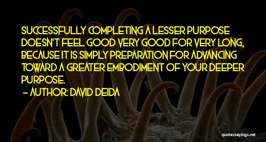 David Deida Quotes: Successfully Completing A Lesser Purpose Doesn't Feel Good Very Good For Very Long, Because It Is Simply Preparation For Advancing