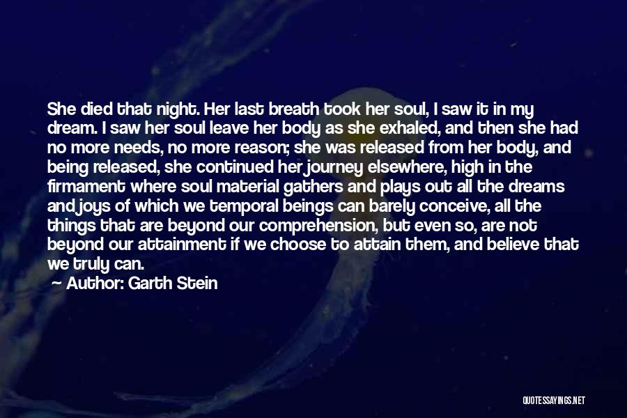 Garth Stein Quotes: She Died That Night. Her Last Breath Took Her Soul, I Saw It In My Dream. I Saw Her Soul