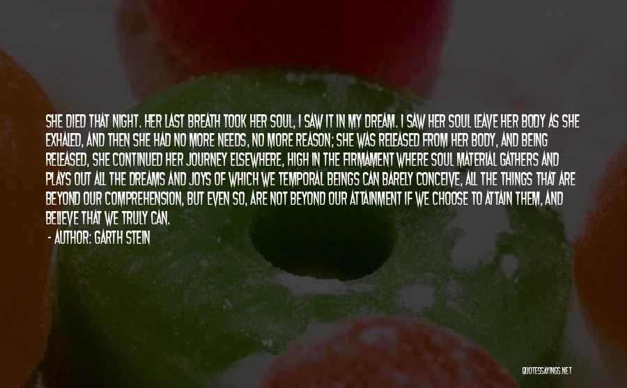 Garth Stein Quotes: She Died That Night. Her Last Breath Took Her Soul, I Saw It In My Dream. I Saw Her Soul