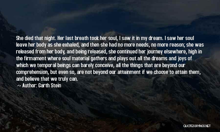 Garth Stein Quotes: She Died That Night. Her Last Breath Took Her Soul, I Saw It In My Dream. I Saw Her Soul