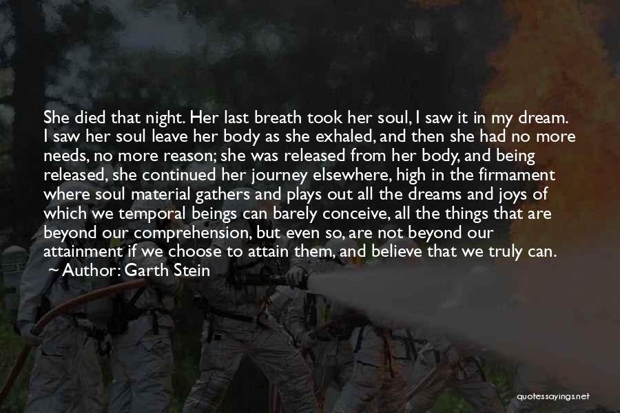 Garth Stein Quotes: She Died That Night. Her Last Breath Took Her Soul, I Saw It In My Dream. I Saw Her Soul