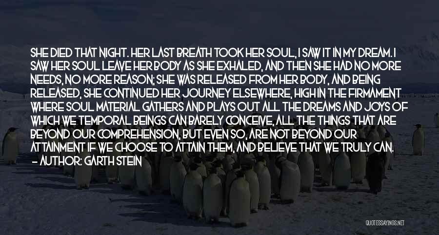 Garth Stein Quotes: She Died That Night. Her Last Breath Took Her Soul, I Saw It In My Dream. I Saw Her Soul
