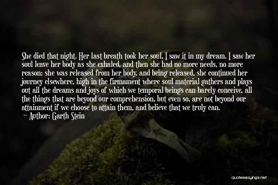 Garth Stein Quotes: She Died That Night. Her Last Breath Took Her Soul, I Saw It In My Dream. I Saw Her Soul