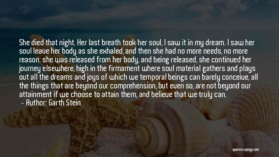 Garth Stein Quotes: She Died That Night. Her Last Breath Took Her Soul, I Saw It In My Dream. I Saw Her Soul