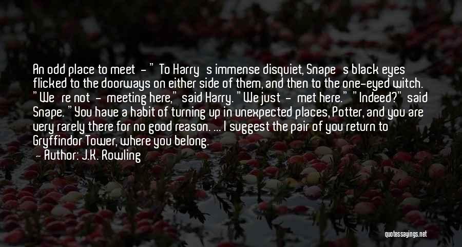 J.K. Rowling Quotes: An Odd Place To Meet - To Harry's Immense Disquiet, Snape's Black Eyes Flicked To The Doorways On Either Side