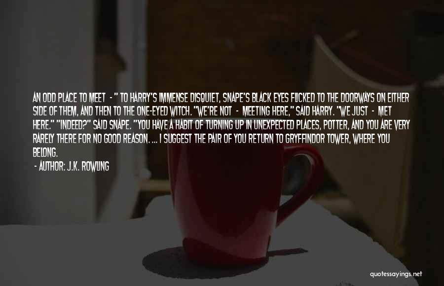 J.K. Rowling Quotes: An Odd Place To Meet - To Harry's Immense Disquiet, Snape's Black Eyes Flicked To The Doorways On Either Side