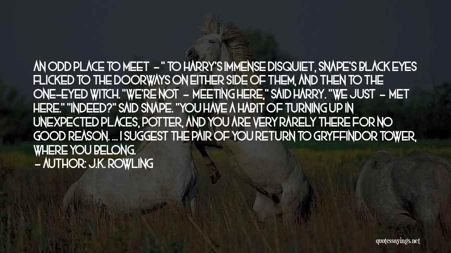 J.K. Rowling Quotes: An Odd Place To Meet - To Harry's Immense Disquiet, Snape's Black Eyes Flicked To The Doorways On Either Side