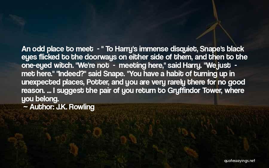 J.K. Rowling Quotes: An Odd Place To Meet - To Harry's Immense Disquiet, Snape's Black Eyes Flicked To The Doorways On Either Side