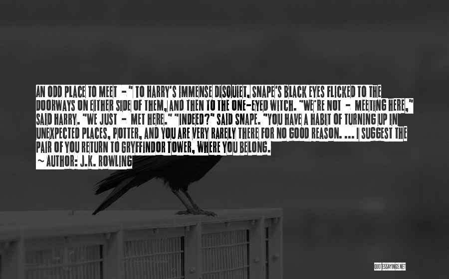 J.K. Rowling Quotes: An Odd Place To Meet - To Harry's Immense Disquiet, Snape's Black Eyes Flicked To The Doorways On Either Side