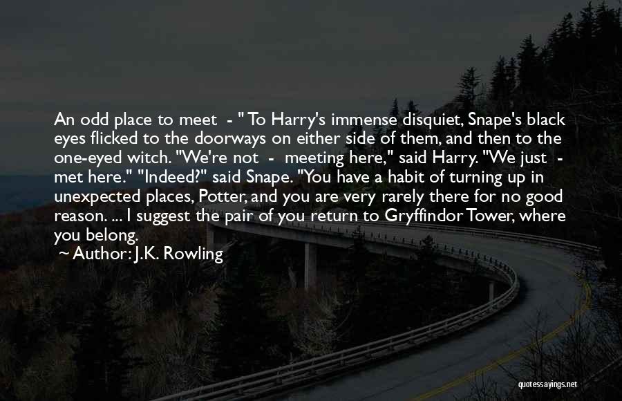 J.K. Rowling Quotes: An Odd Place To Meet - To Harry's Immense Disquiet, Snape's Black Eyes Flicked To The Doorways On Either Side