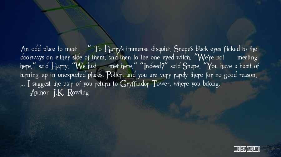 J.K. Rowling Quotes: An Odd Place To Meet - To Harry's Immense Disquiet, Snape's Black Eyes Flicked To The Doorways On Either Side