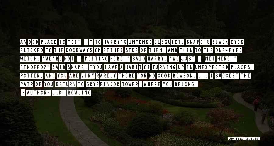 J.K. Rowling Quotes: An Odd Place To Meet - To Harry's Immense Disquiet, Snape's Black Eyes Flicked To The Doorways On Either Side