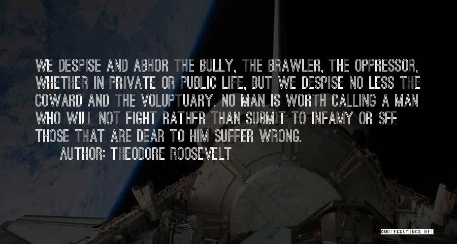 Theodore Roosevelt Quotes: We Despise And Abhor The Bully, The Brawler, The Oppressor, Whether In Private Or Public Life, But We Despise No
