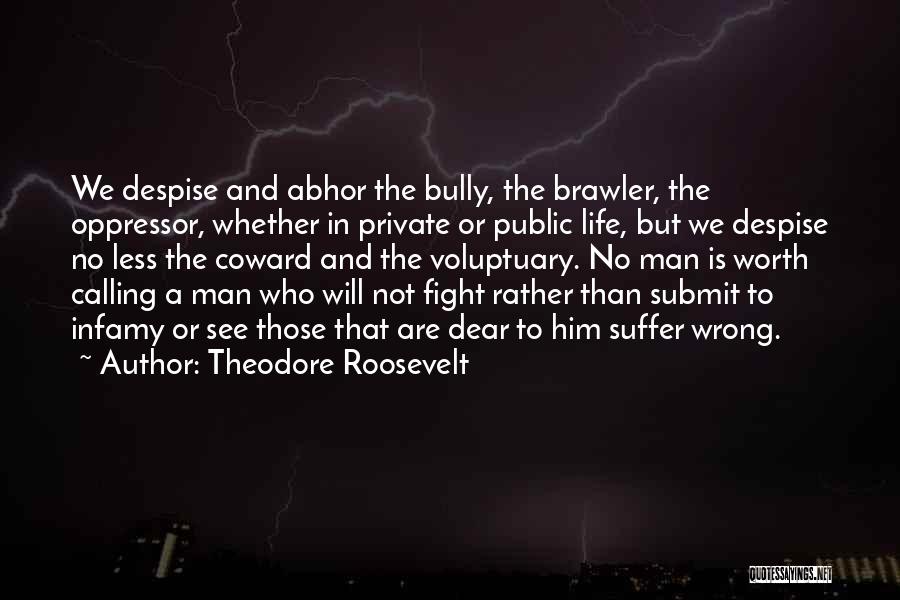 Theodore Roosevelt Quotes: We Despise And Abhor The Bully, The Brawler, The Oppressor, Whether In Private Or Public Life, But We Despise No