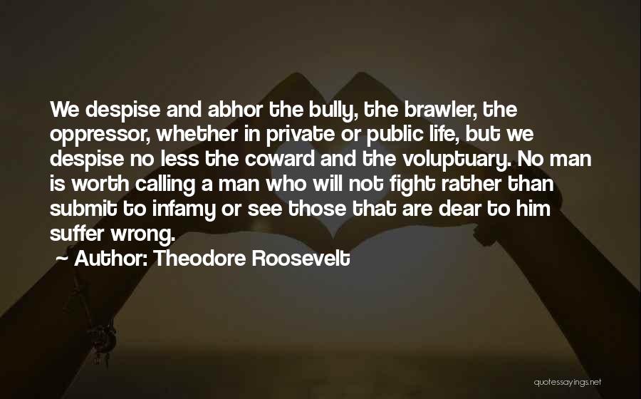 Theodore Roosevelt Quotes: We Despise And Abhor The Bully, The Brawler, The Oppressor, Whether In Private Or Public Life, But We Despise No