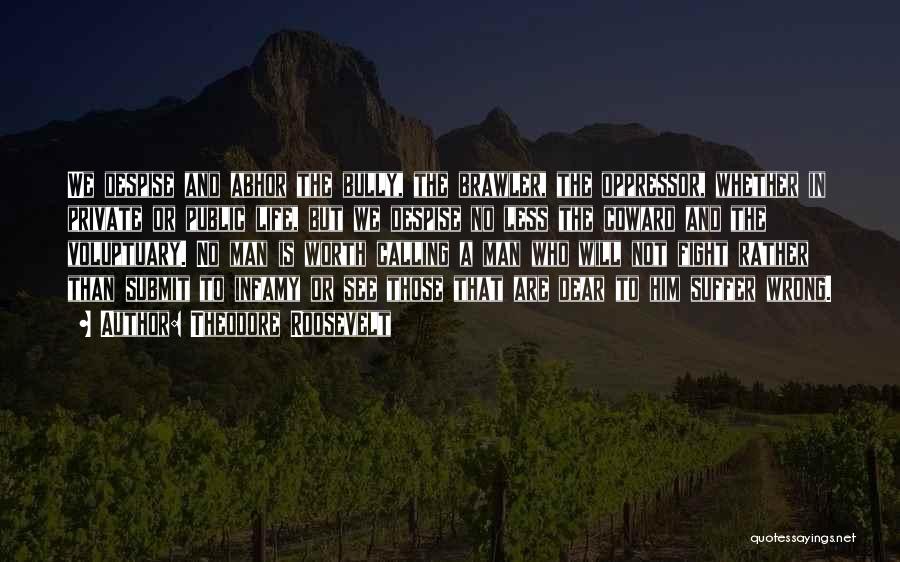 Theodore Roosevelt Quotes: We Despise And Abhor The Bully, The Brawler, The Oppressor, Whether In Private Or Public Life, But We Despise No