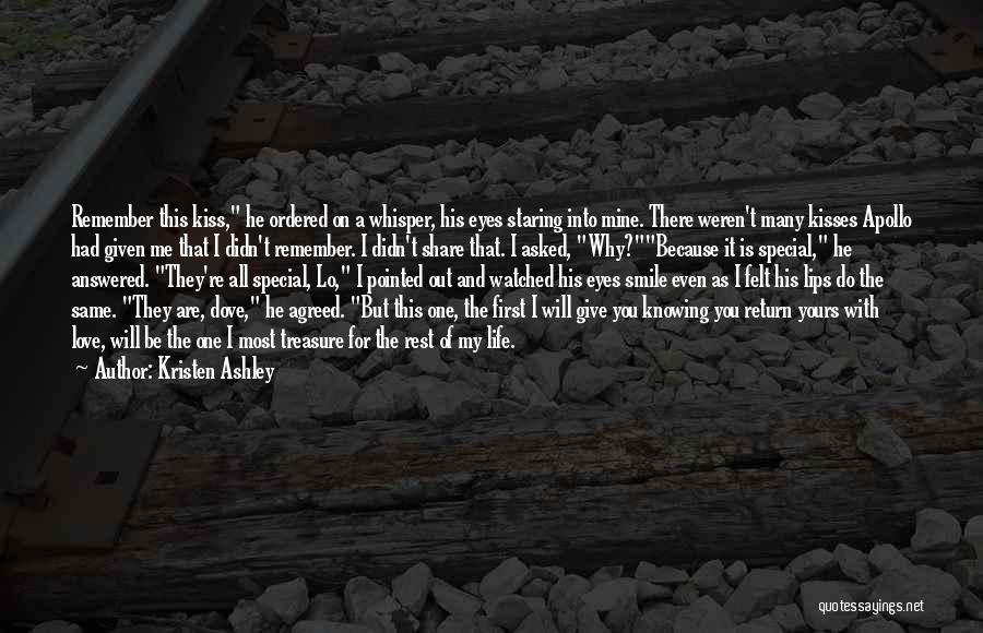 Kristen Ashley Quotes: Remember This Kiss, He Ordered On A Whisper, His Eyes Staring Into Mine. There Weren't Many Kisses Apollo Had Given