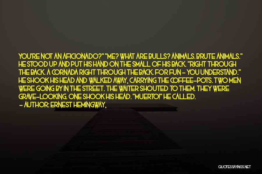 Ernest Hemingway, Quotes: You're Not An Aficionado? Me? What Are Bulls? Animals. Brute Animals. He Stood Up And Put His Hand On The