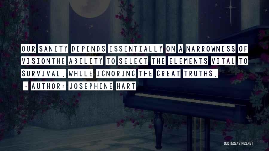 Josephine Hart Quotes: Our Sanity Depends Essentially On A Narrowness Of Visionthe Ability To Select The Elements Vital To Survival, While Ignoring The