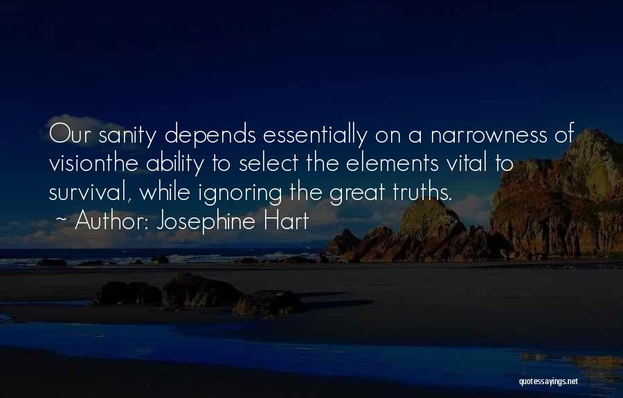 Josephine Hart Quotes: Our Sanity Depends Essentially On A Narrowness Of Visionthe Ability To Select The Elements Vital To Survival, While Ignoring The