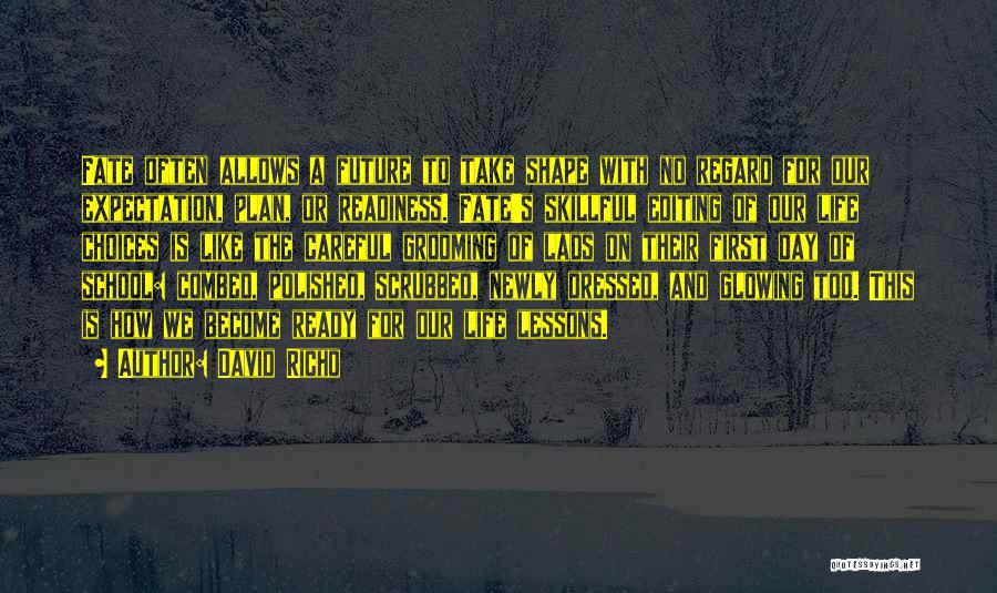 David Richo Quotes: Fate Often Allows A Future To Take Shape With No Regard For Our Expectation, Plan, Or Readiness. Fate's Skillful Editing