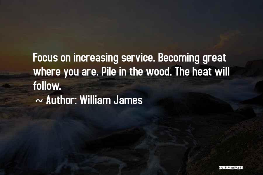 William James Quotes: Focus On Increasing Service. Becoming Great Where You Are. Pile In The Wood. The Heat Will Follow.