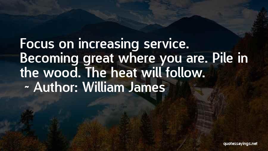 William James Quotes: Focus On Increasing Service. Becoming Great Where You Are. Pile In The Wood. The Heat Will Follow.