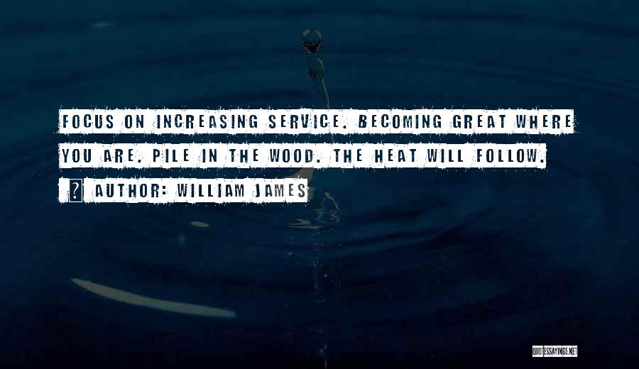 William James Quotes: Focus On Increasing Service. Becoming Great Where You Are. Pile In The Wood. The Heat Will Follow.