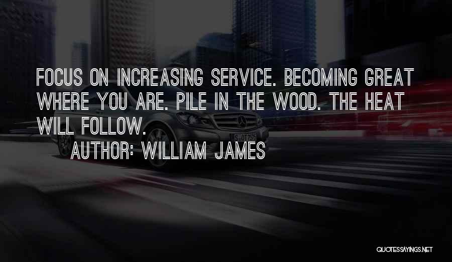 William James Quotes: Focus On Increasing Service. Becoming Great Where You Are. Pile In The Wood. The Heat Will Follow.
